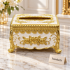 Ornate Tissue Box Cover - White & Gold Floral Design