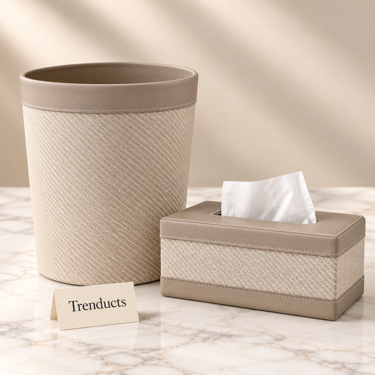 Premium Tissue Box & Box Dustbin - Beige Diagonal Weave