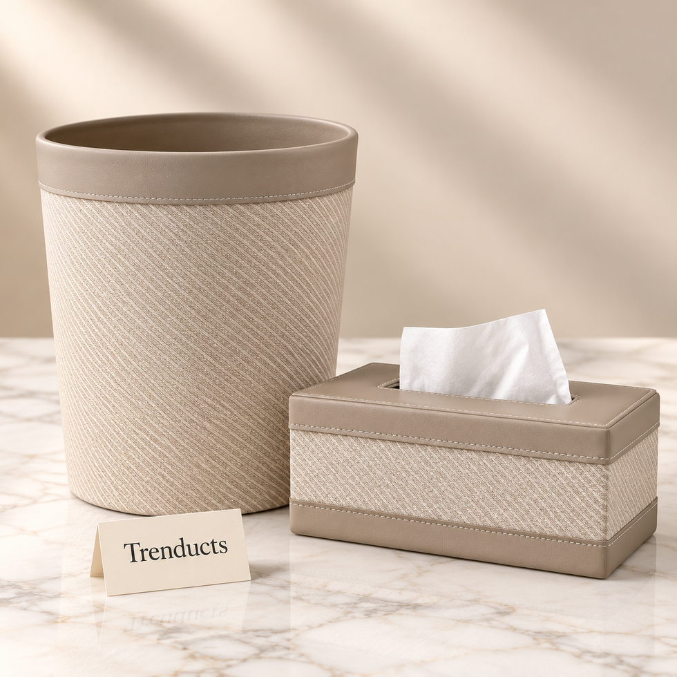 Premium Tissue Box & Box Dustbin - Beige Diagonal Weave