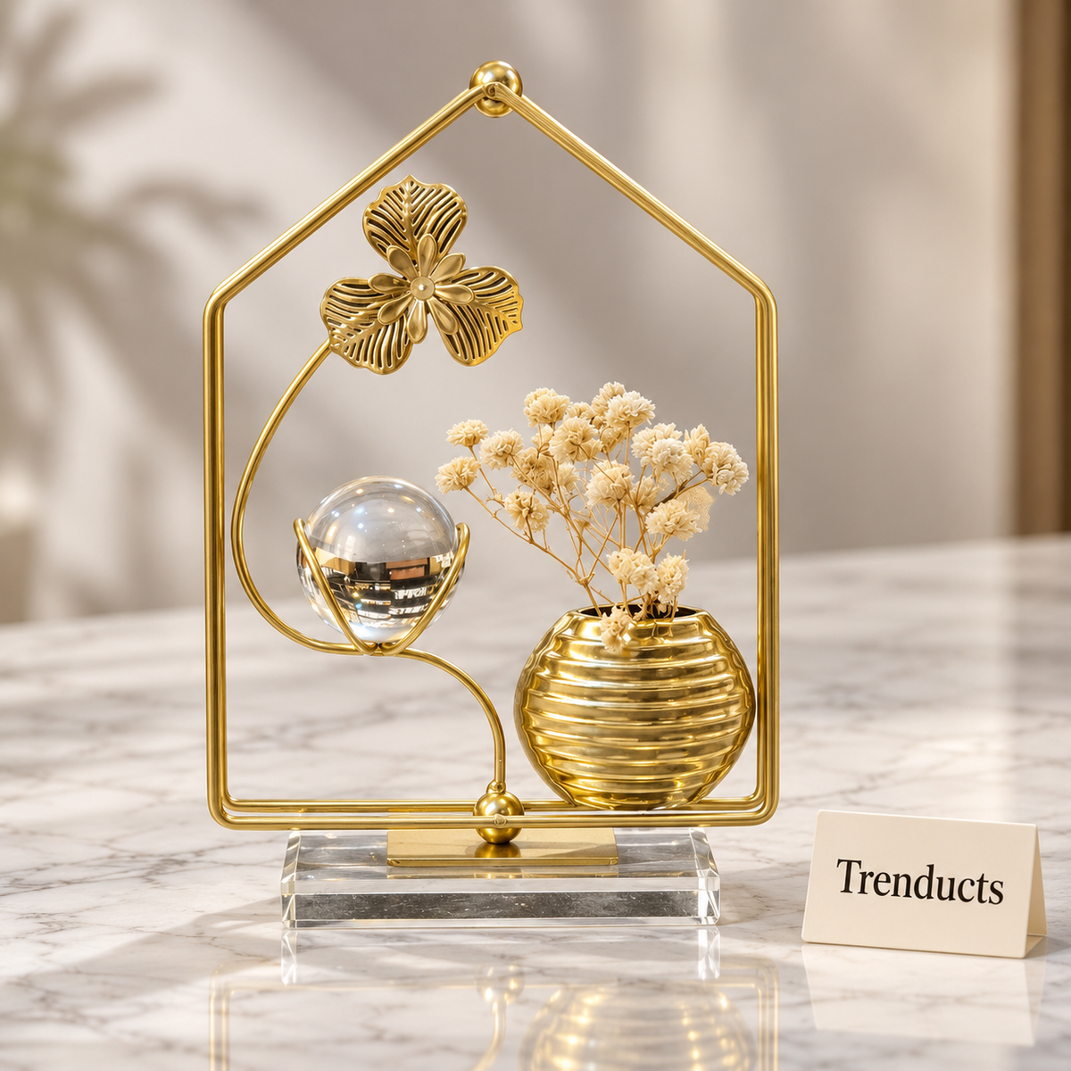 Gold House Frame Mini Planter - Glass Orb & Flower