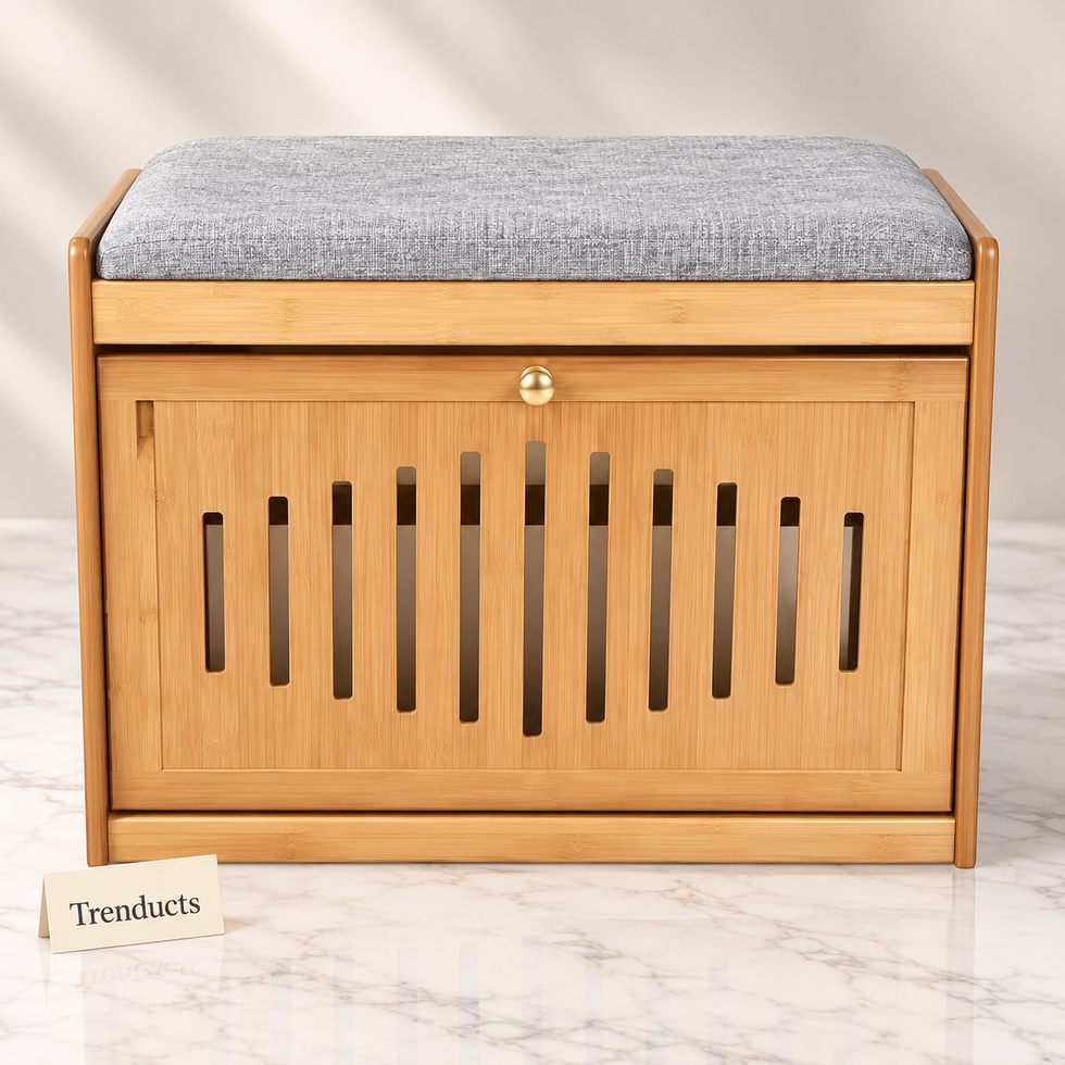Bamboo Storage Bench - Slatted Door with Grey Cushion