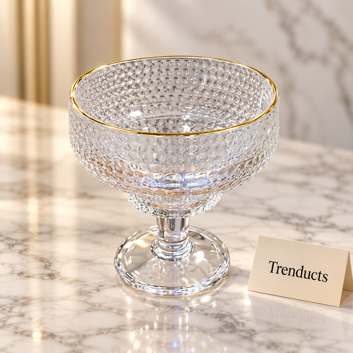 Hobnail Ice Cream Bowl Set with Gold Rim - Footed Glass - 6 Pieces Set