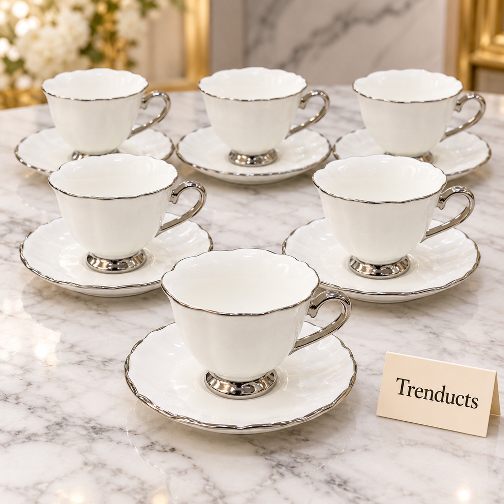 Brilliant Tea Cup and Saucer Set of 6 - Silver Rim