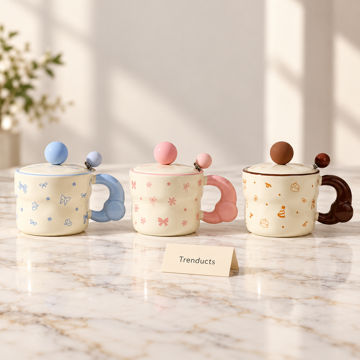 Ceramic Mug with Lid and Ball Knob - Pastel Prints