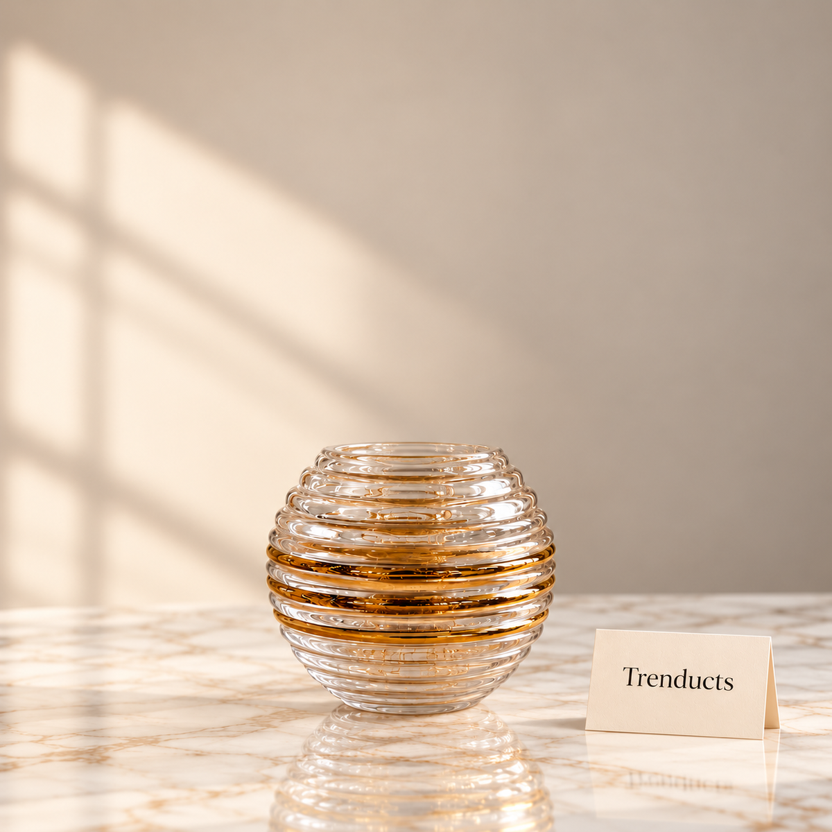 Ribbed Round Glass Vase with Gold Rings - Clear, Without Flowers