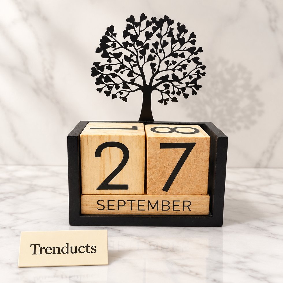 Wooden Cube Desk Calendar - Black Stand with Heart Tree