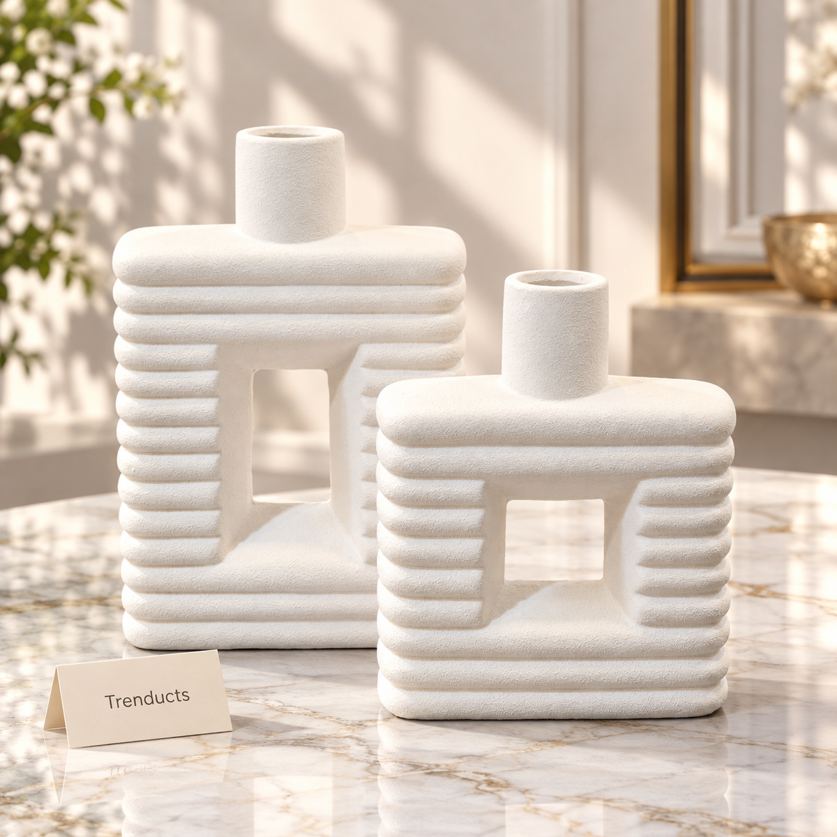 White Sculptural Vase Pair - Ribbed Square Loop Design