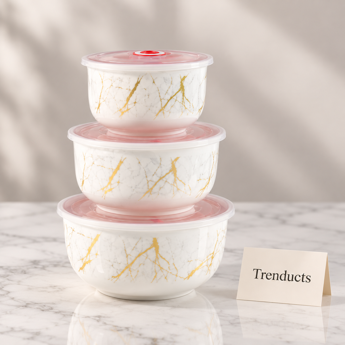 Marble Bowl Set with Lids - 3 Pc Porcelain Seal Bowls