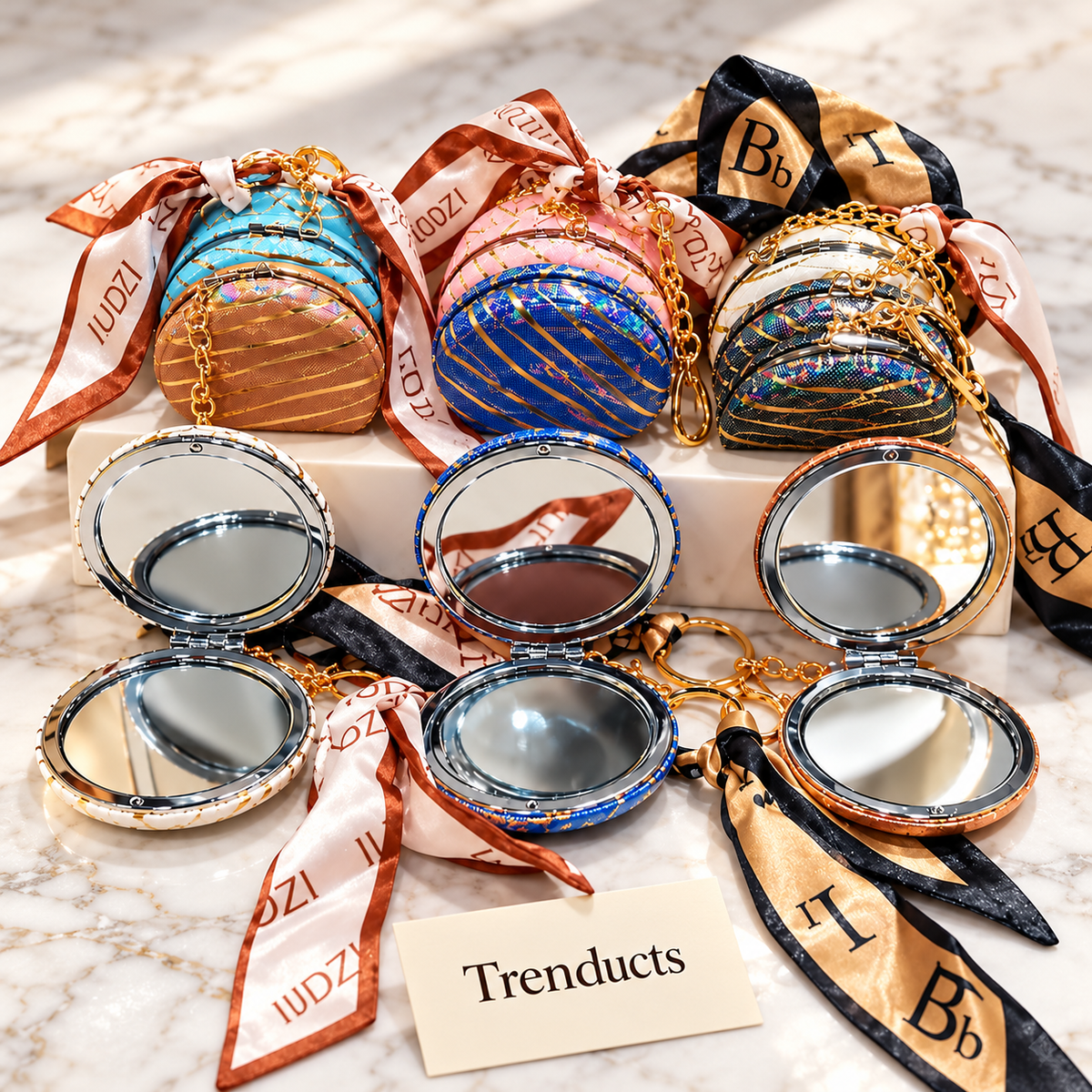 Iridescent Striped Cosmetic Pocket Mirror - Round with Chain and Scarf (each)