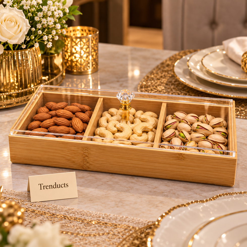 Bamboo Wood Dry Fruit Tray with Acrylic Lid - 3 Compartment