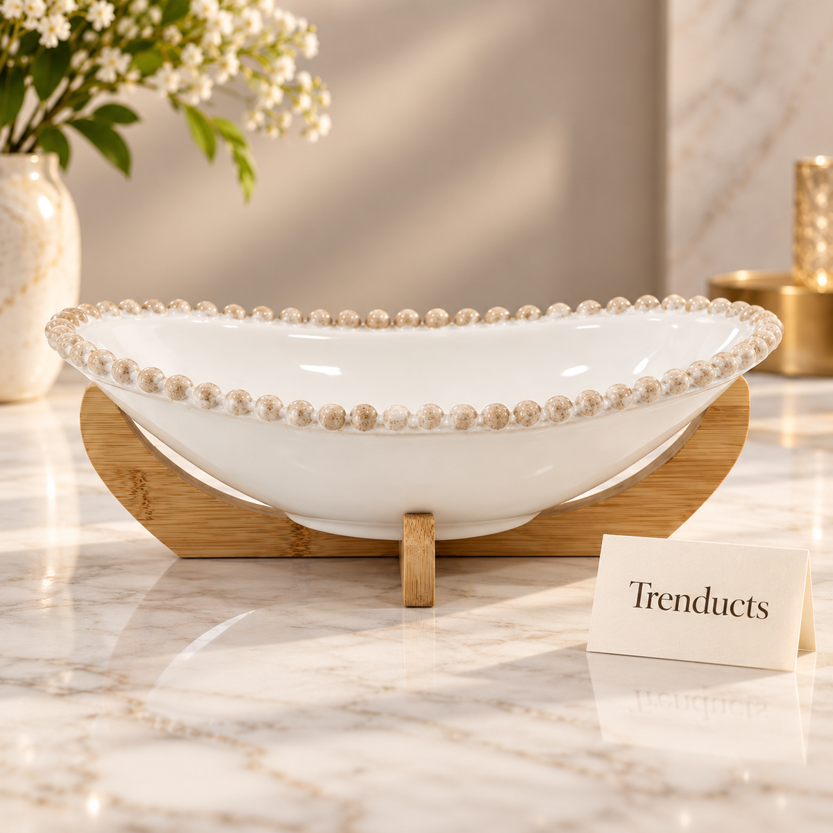 Beaded Rim Oval Ceramic Bowl with Wooden Stand - White