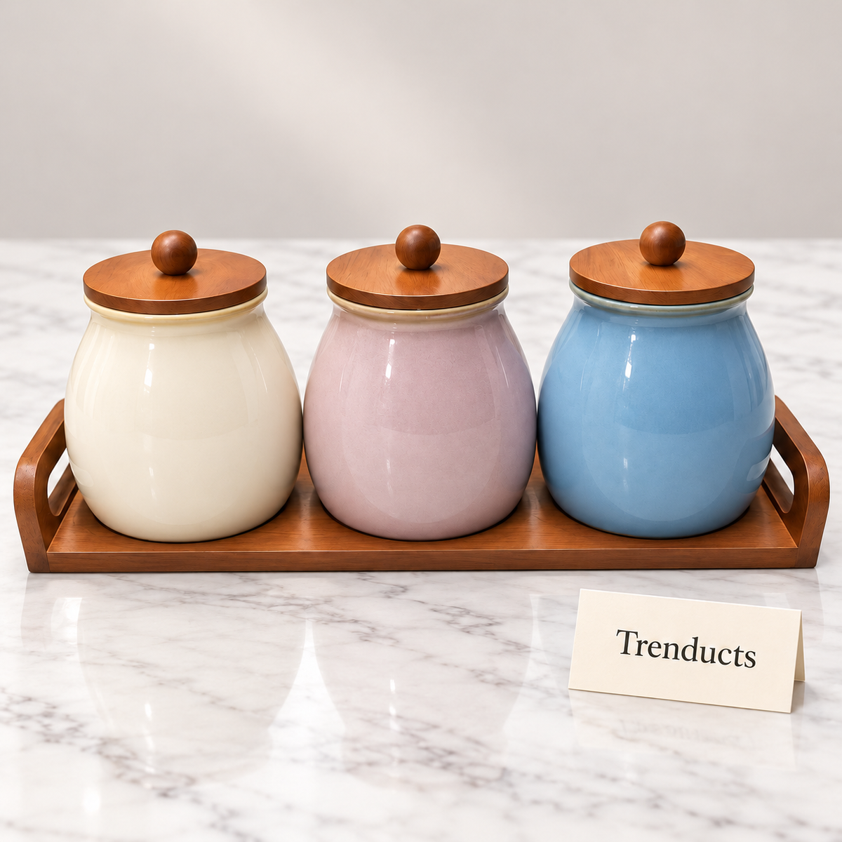 Luxury Ceramic Storage Jar Set with Wooden Tray - Pastel