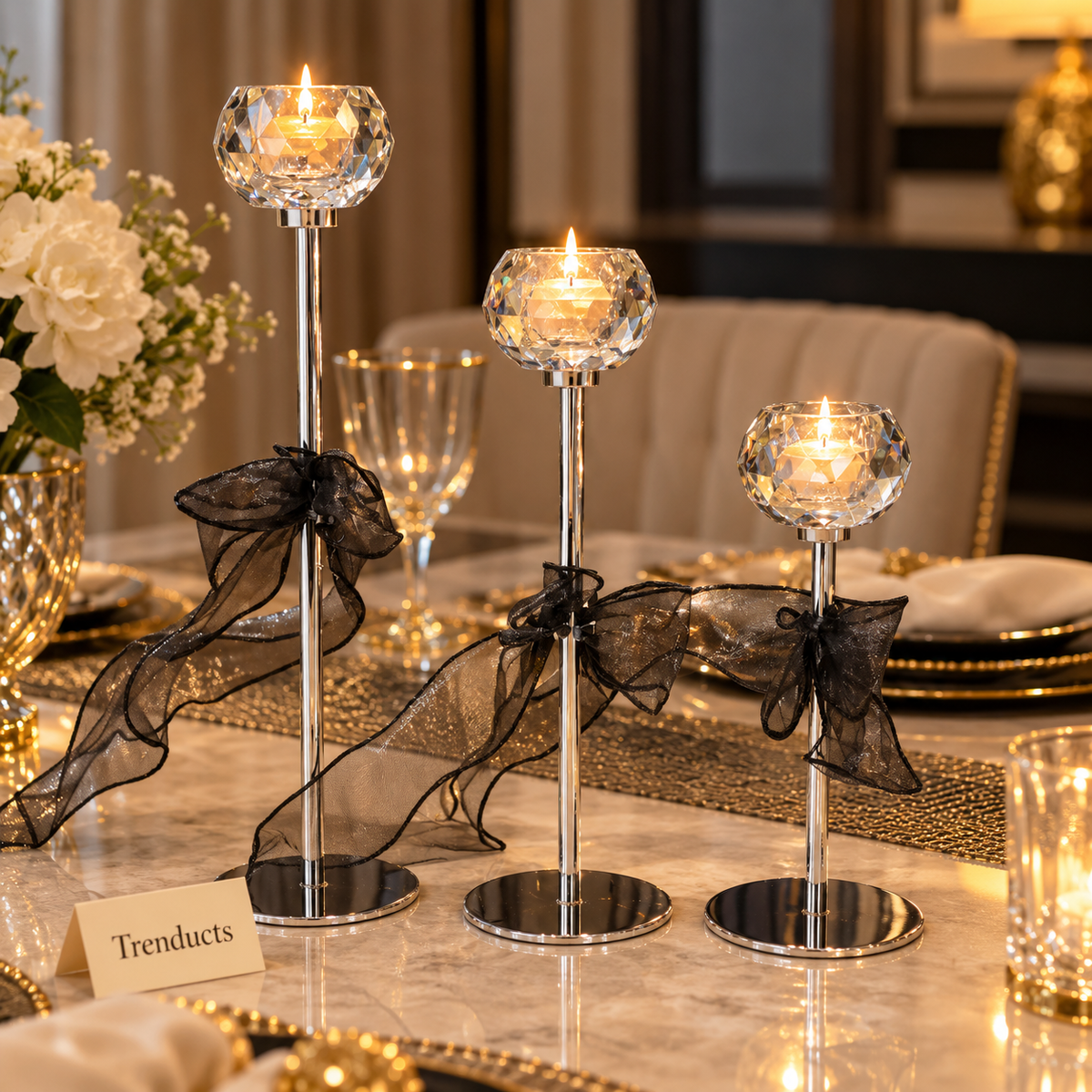 Metal Candle Stand Set of 3 with Black Bows - Round Cups
