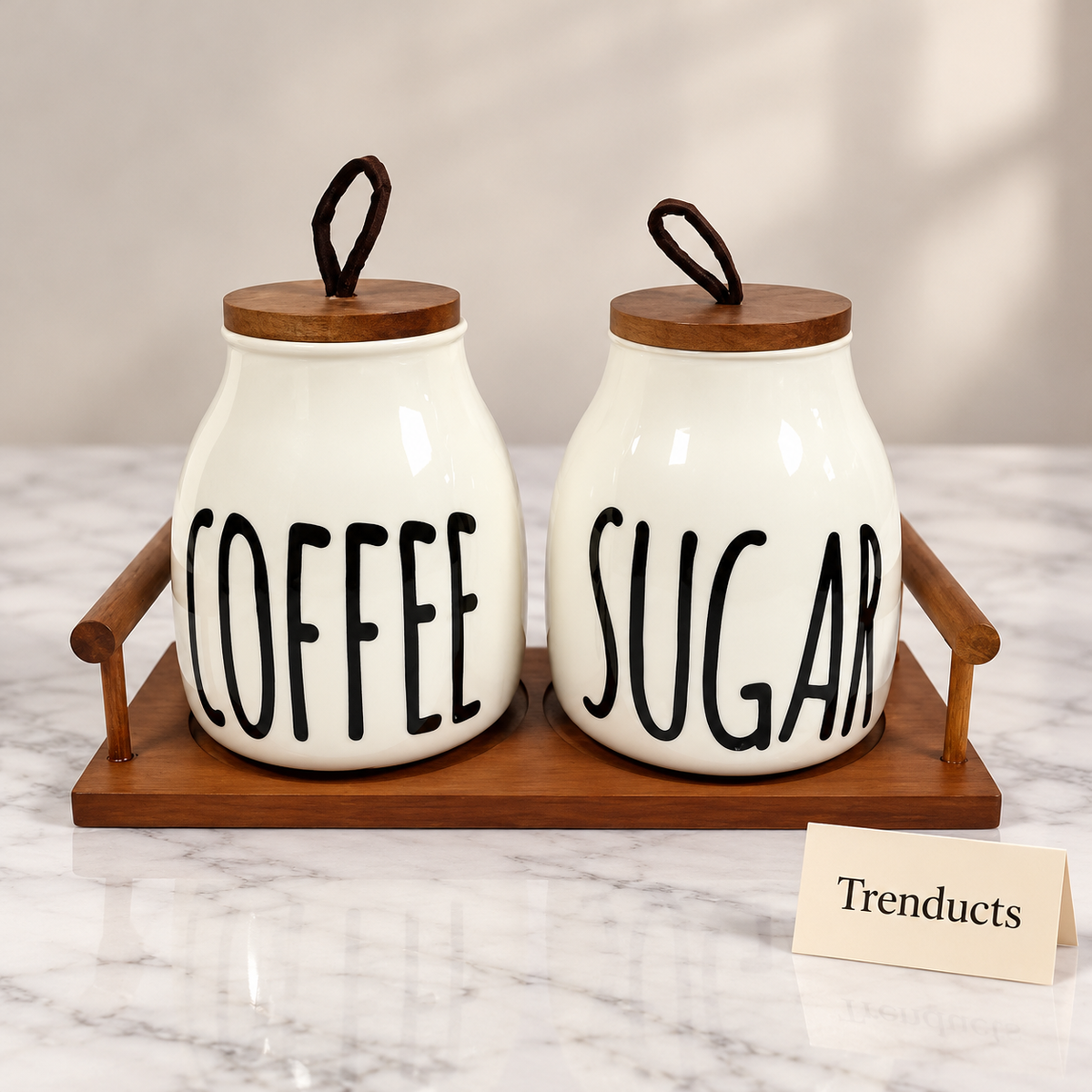 Luxury Ceramic Coffee and Sugar Jars Set - White Ceramic with Wooden Tray