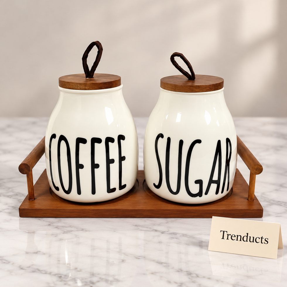 Luxury Ceramic Coffee and Sugar Jars Set - White Ceramic with Wooden Tray