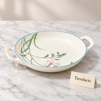 Brilliant Round Dish in magnolia design with twin handles in a studio setting | Trenducts