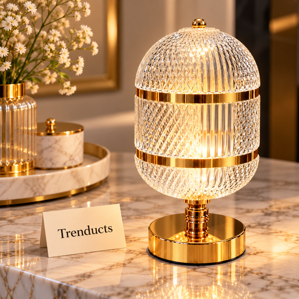 Oval Faceted Crystal LED Table Lamp with Gold Accents