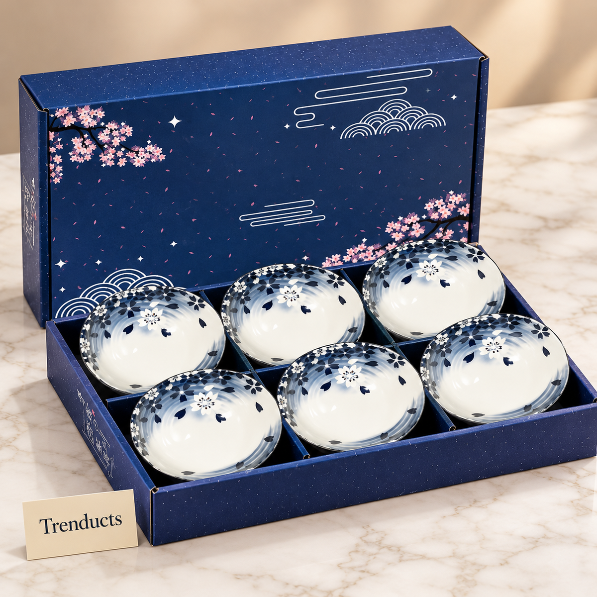 Blue Floral Bowl Gift Set of 6 - Navy Gift Box