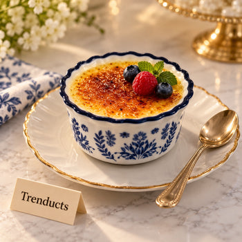 Blue pattern porcelain ramekin with chutney beside snacks on a table - Trenducts