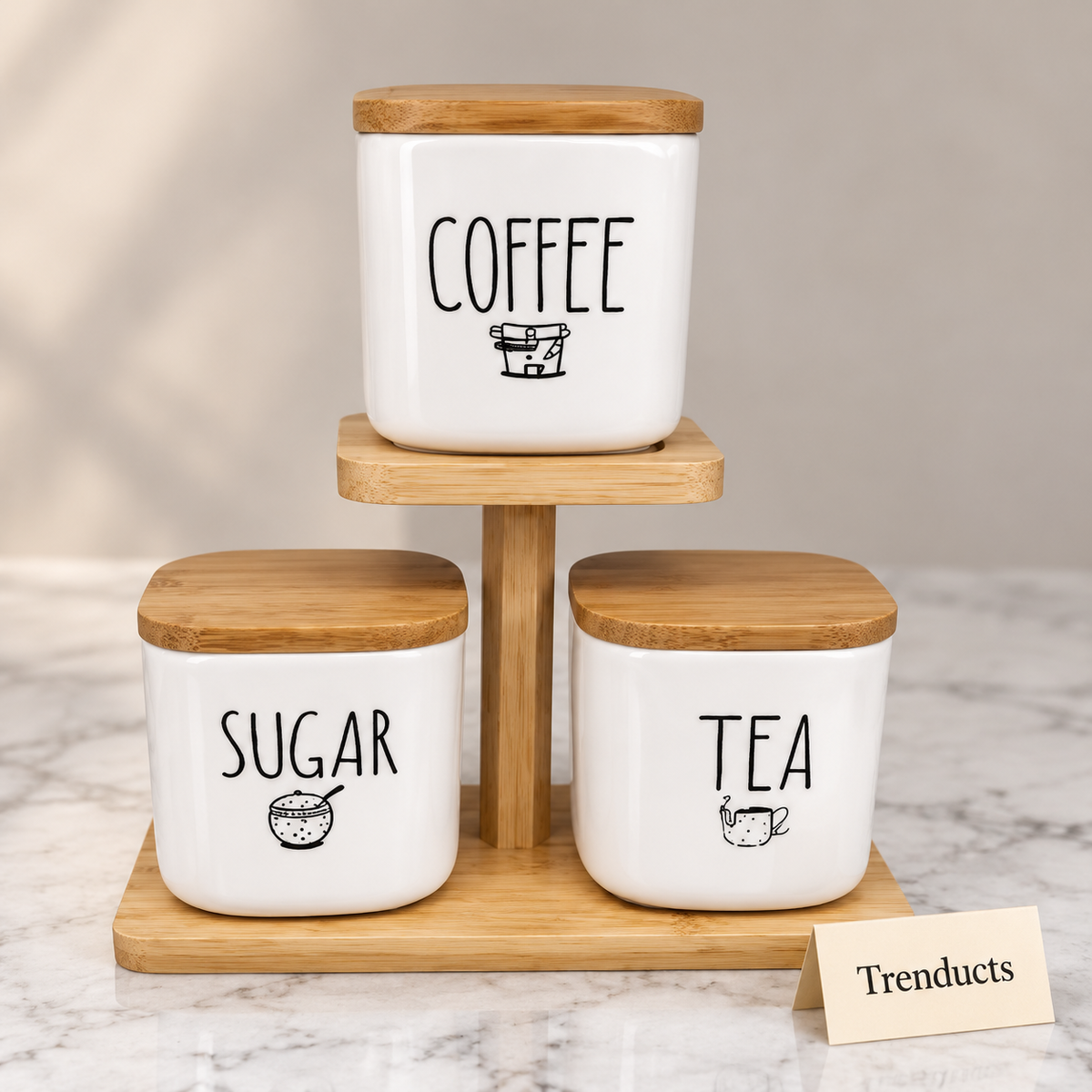 Tiered Kitchen Ceramic Canister Stand Set - Coffee, Sugar & Tea