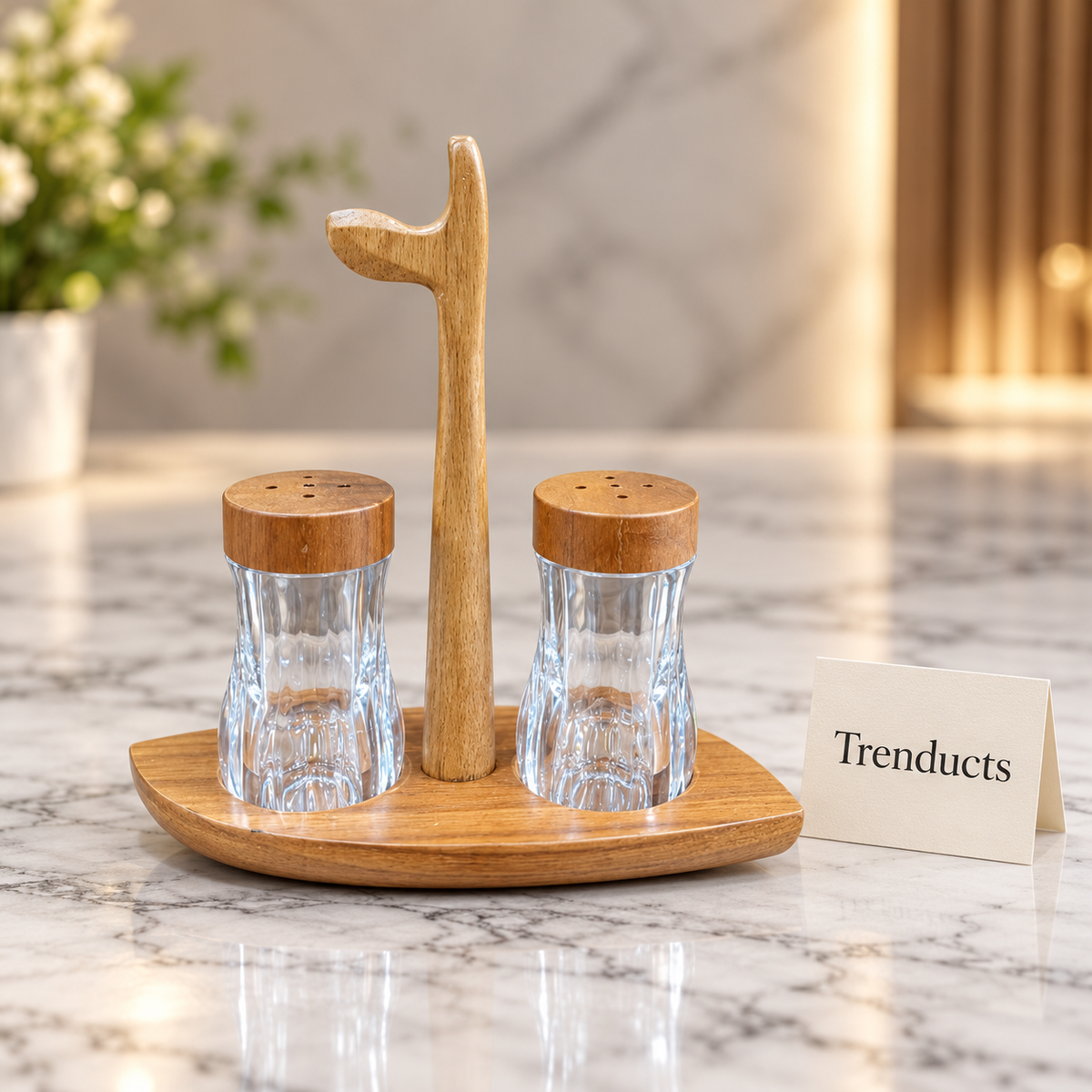 Glass Salt and Pepper Set with Wooden Caddy and Handle