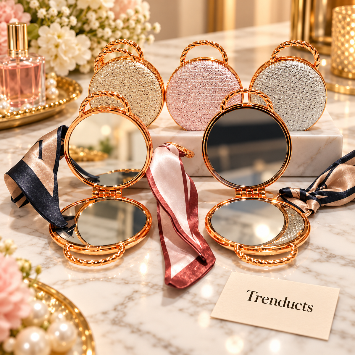 Glitter Cosmetic Pocket Mirror - Round with Twisted Handle and Scarf (each)