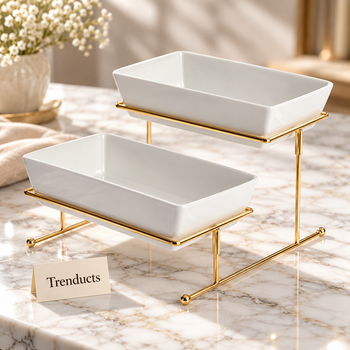 2 Tier Serving Dish with gold stand on a white marble surface | Trenducts