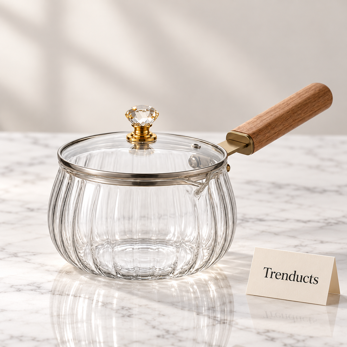 Glass Pot 800ml with Lid - Ribbed Saucepan Wooden Handle