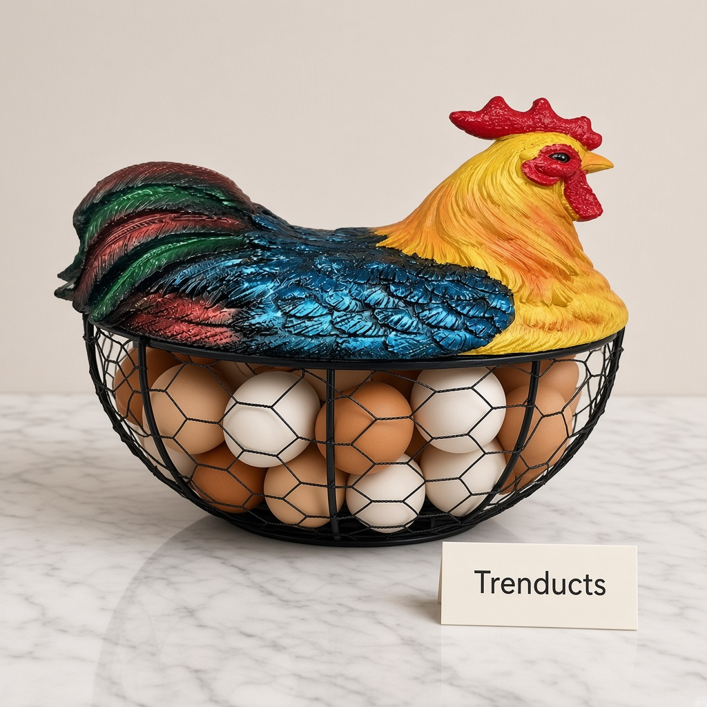 Premium Metal Egg Basket with Fiber Rooster Lid - Yellow & Blue