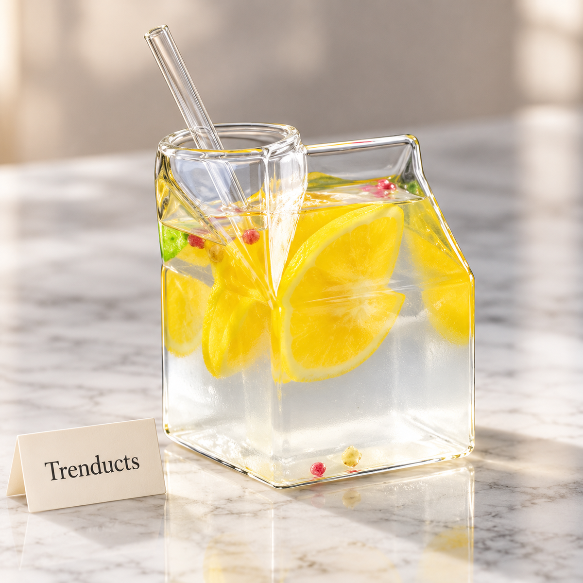 Square Glass Drinking Cup with Straw - Clear Carton