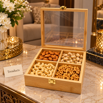 Bamboo dry fruit box with window lid filled with nuts on a console table - Trenducts