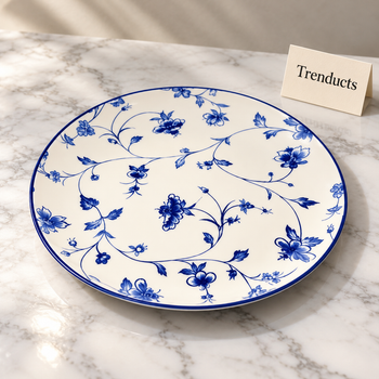 Dinner Plate in blue peony design on white marble, studio view | Trenducts