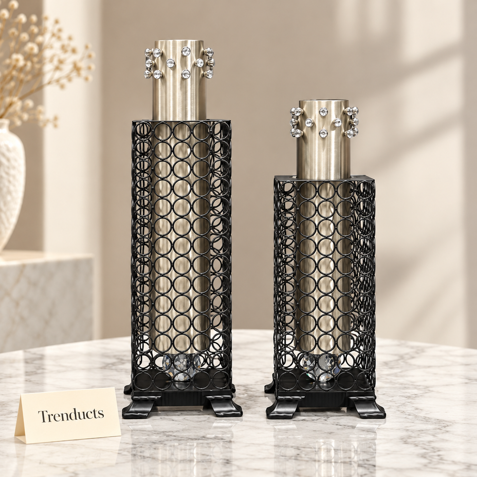 Metal Vase - Black Lattice Mesh with Silver Top