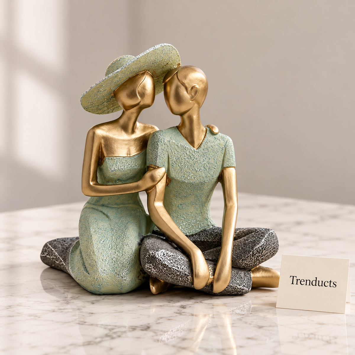Seated Couple Statue - Sage Green & Gold Love Decor