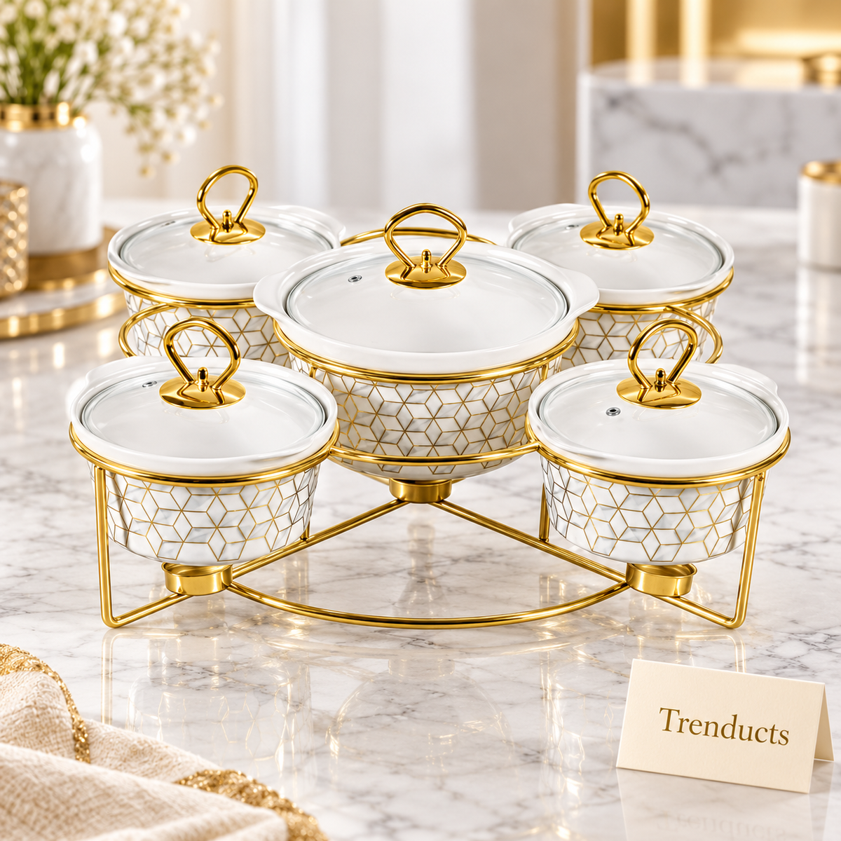 Brilliant 5 Piece Round Casserole Set with Gold Stand