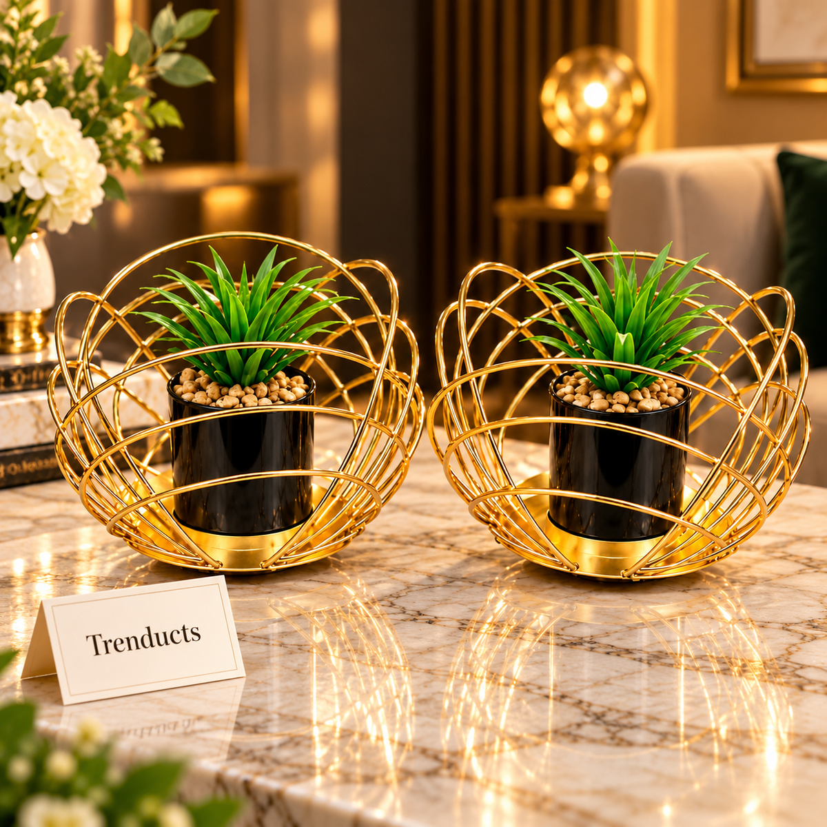 Gold Orbital Cage Metal Plant Pot Set – 2 Pcs Set