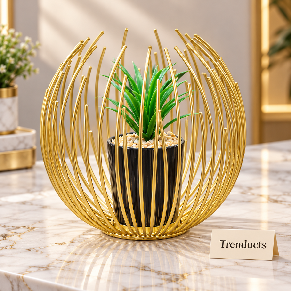 Gold Wire Planter with Black Pot - Spherical Cage Design