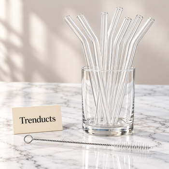 Glass straw set with cleaning brush on white marble | Trenducts
