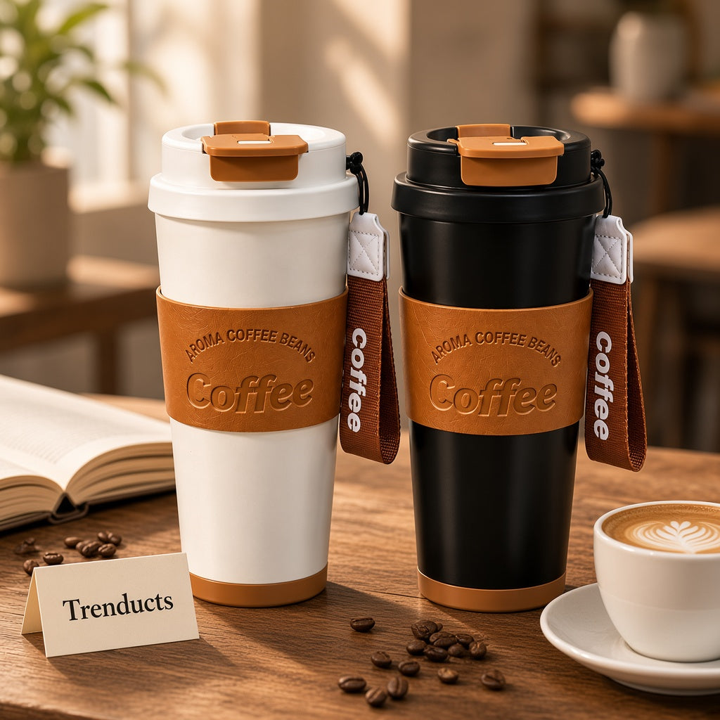 Steel 316 Coffee Tumbler 450ml - Leather Sleeve and Strap (Random Color)