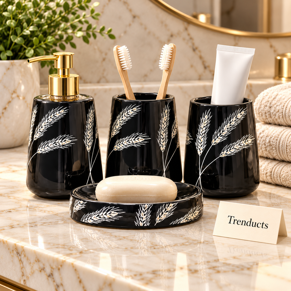 Brilliant Black Bath Set 4 Piece - White Wheat Design
