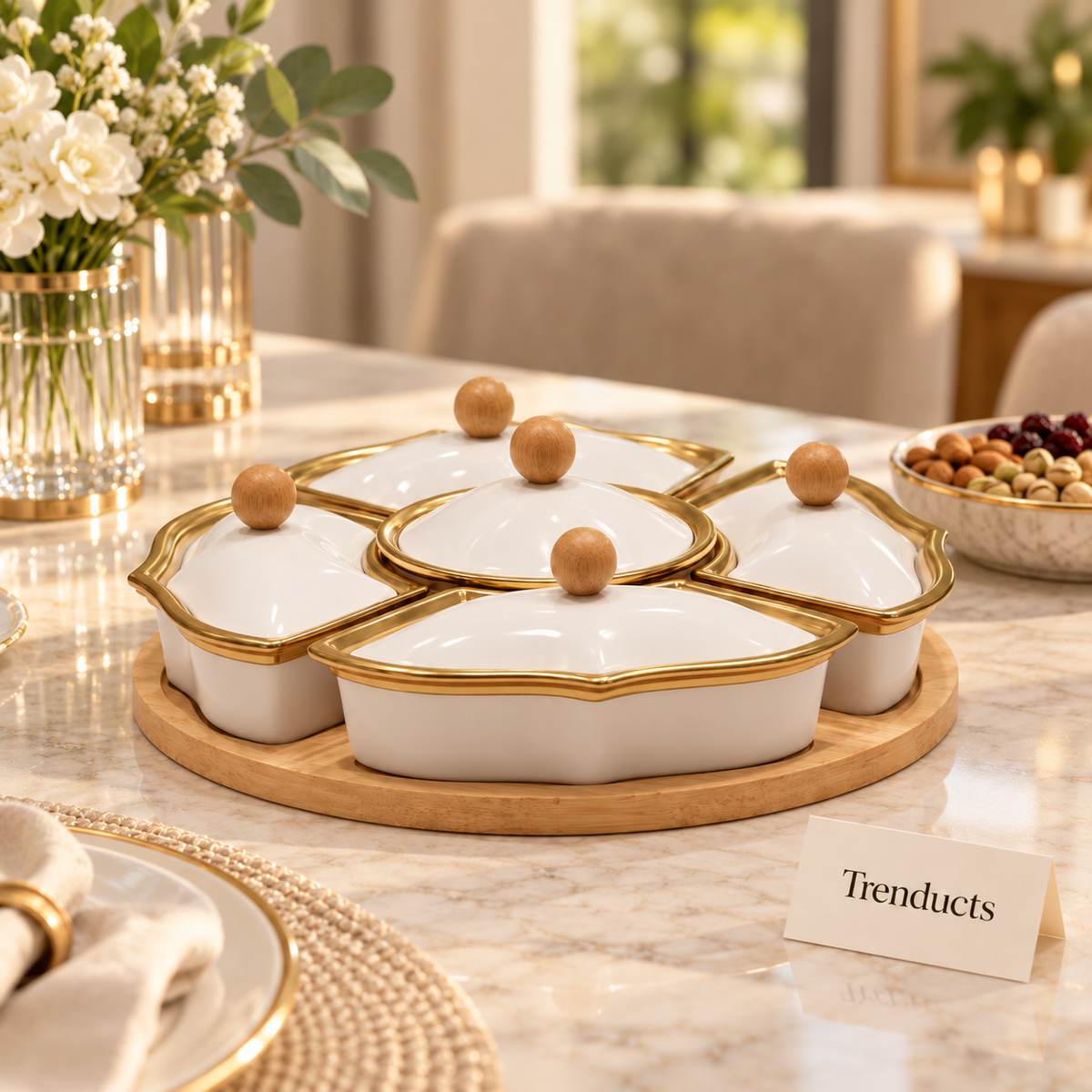 Ceramic Dry Fruit Platter with Lids and Round Bamboo Tray - Gold Rim