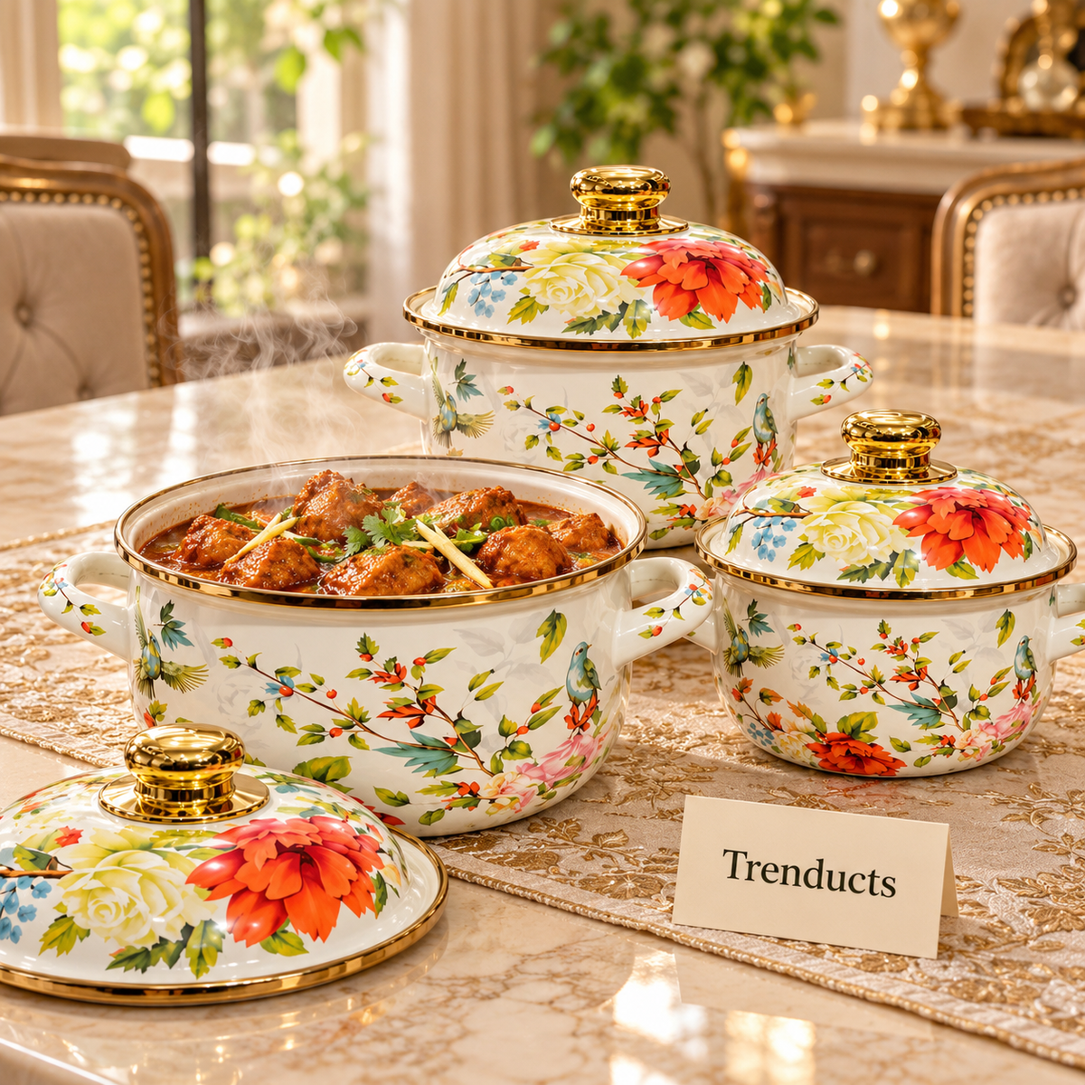Enamel Casserole Set 3 Pcs - Bird & Floral Gold Rim