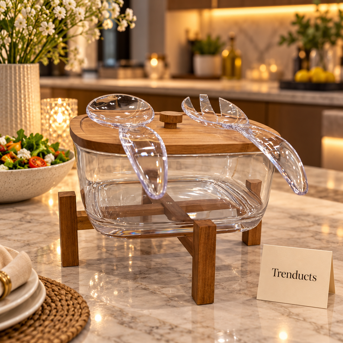 Rectangular Salad Serving Bowl with Wooden Stand, Lid and Servers
