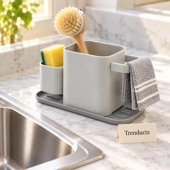 Grey sink organizer with brush and sponge by a sink | Trenducts