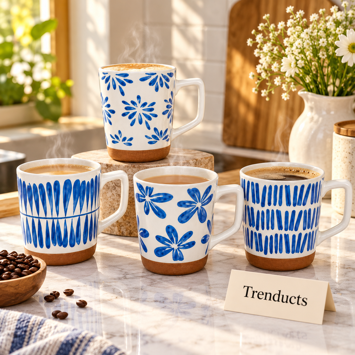 Blue Brushstroke Mug 450 ml - Floral and Stripe (Random)
