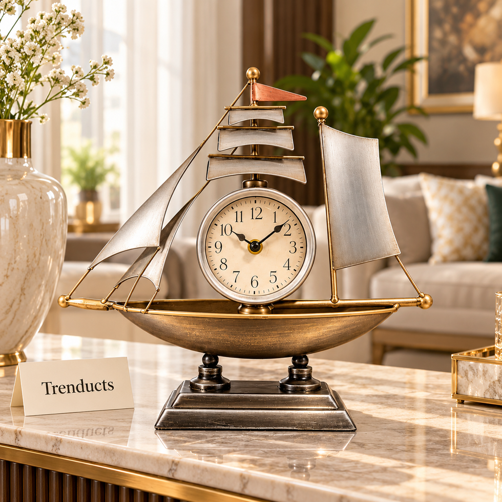 Sailing Ship Clock - Silver & Antique Brass Metal Decor
