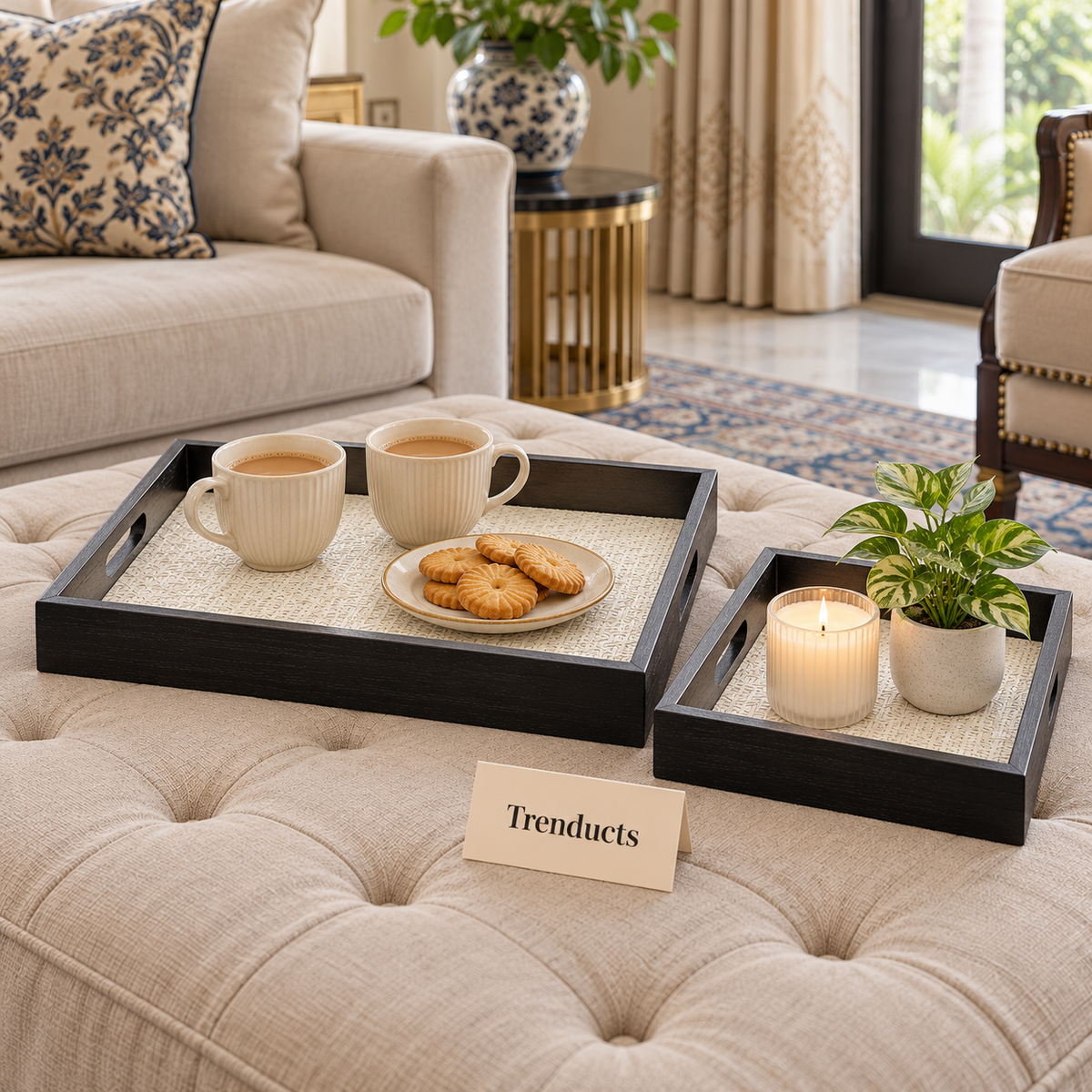 Nested Decorative Tray Set - Black Frame, White Woven Base