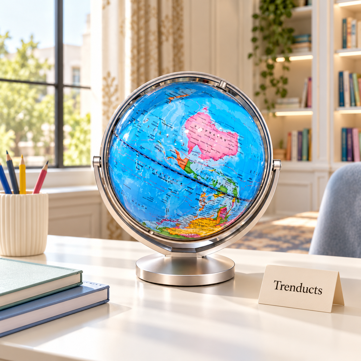 Luxury World Globe - Colourful Map, Silver Ring, 20 cm