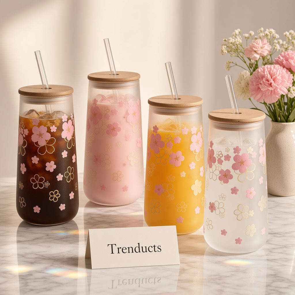 Floral Glass Tumbler with Lid and Straw - Frosted Cup
