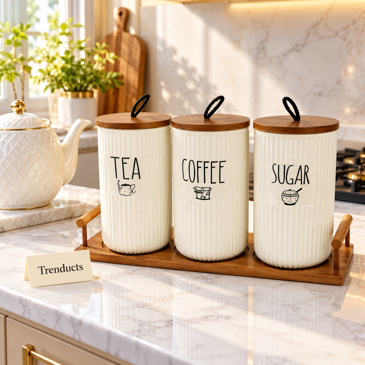 Ceramic Tea Coffee Sugar Canisters Set - Tall Ribbed Jars with Tray